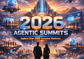 Graphic of futuristic city with holographic displays and text "2026 Agentic Summits: Explore Over 200 Exclusive Platforms."