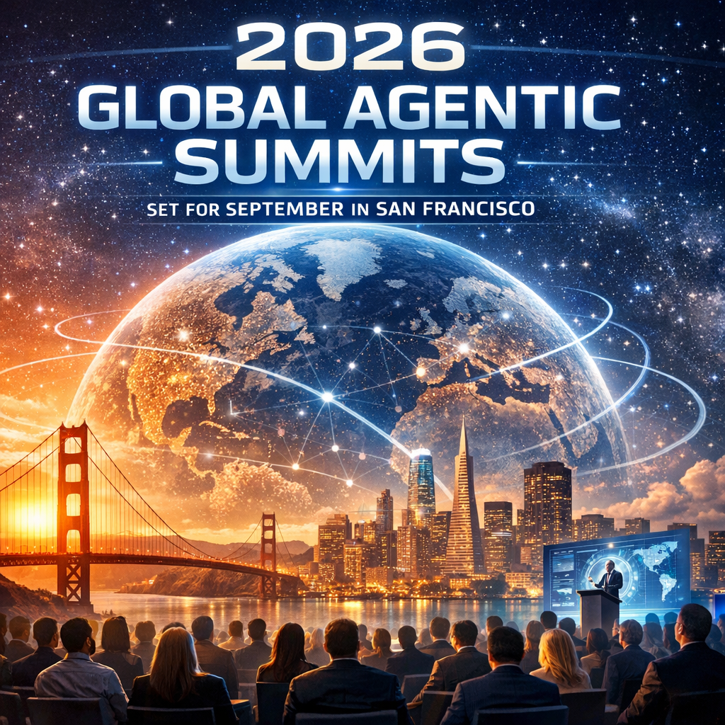 Futuristic cityscape with Golden Gate Bridge representing the 2026 Global Agentic Summits in San Francisco.