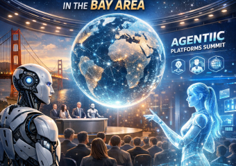 Futuristic AI robots and holograms on display at the Agentic Platforms Summit in the Bay Area.