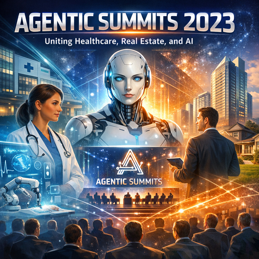 Logo for Agentic Summits 2023 featuring icons for healthcare, real estate, and AI.