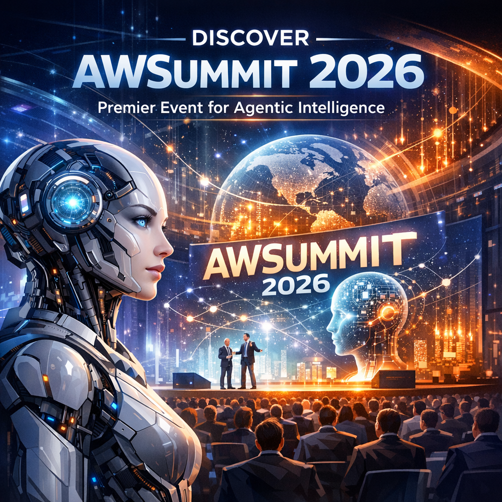 "Futuristic cityscape with overlays of digital AI networks symbolizing AWSummit 2026 on agentic intelligence."