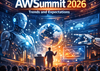 Panel of experts discussing agentic systems at AWSummit 2026, with a digital screen displaying AI trends.