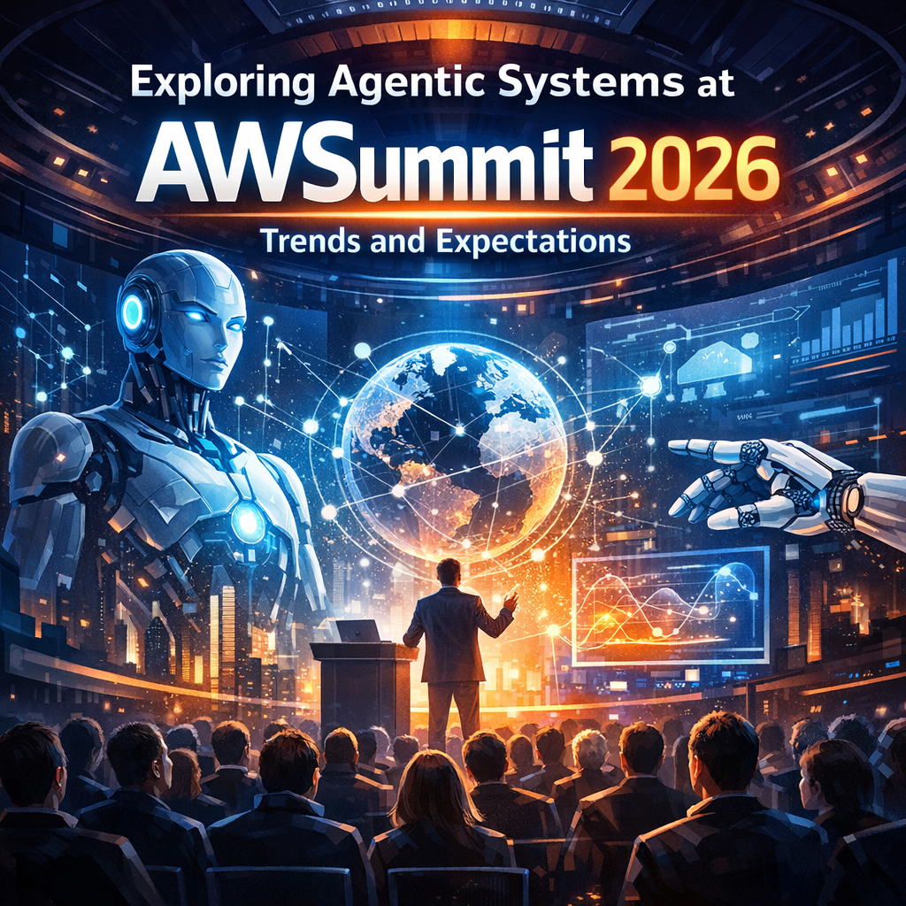 Panel of experts discussing agentic systems at AWSummit 2026, with a digital screen displaying AI trends.