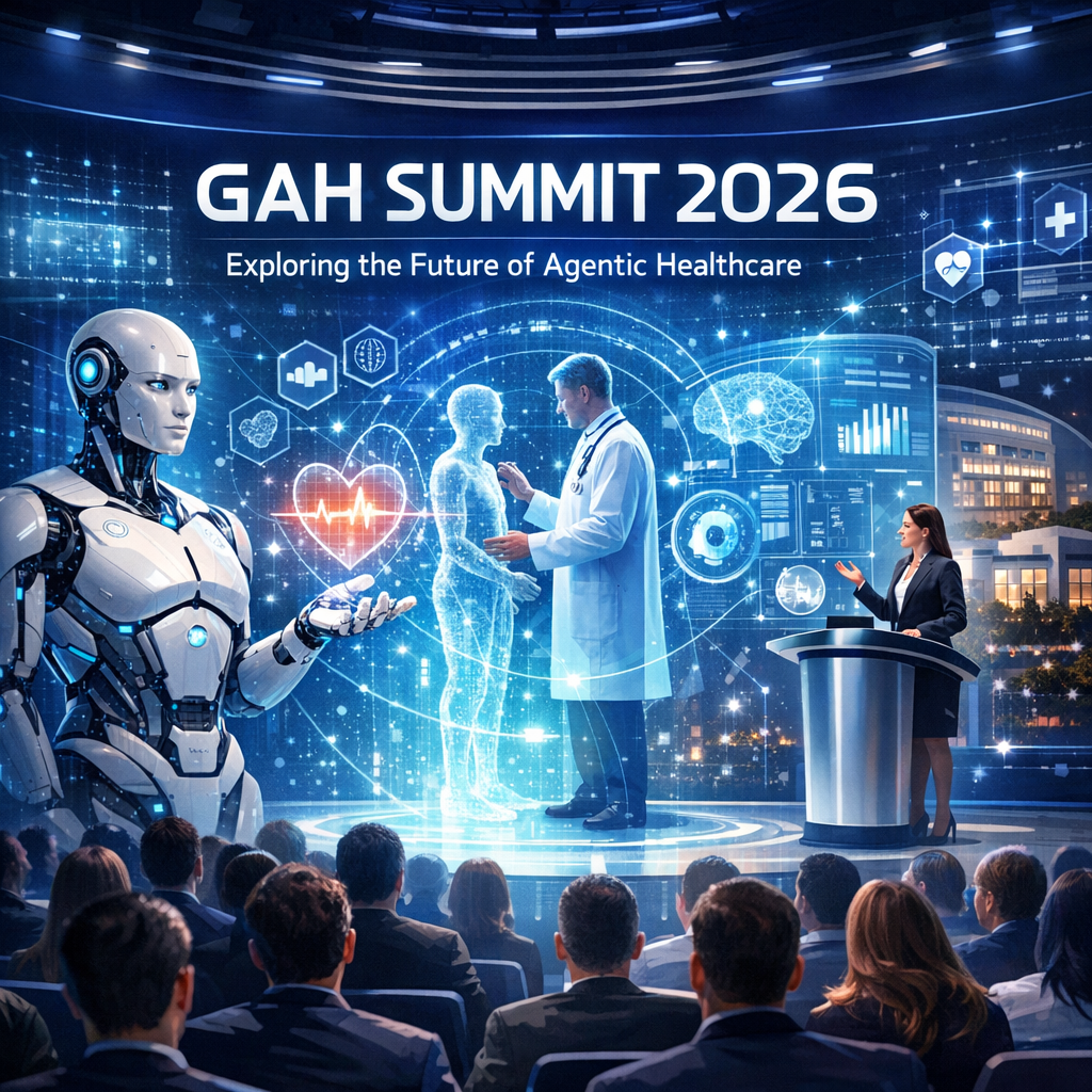"Crowd of professionals at GAH Summit 2026 engaged with AI displays on agentic healthcare."