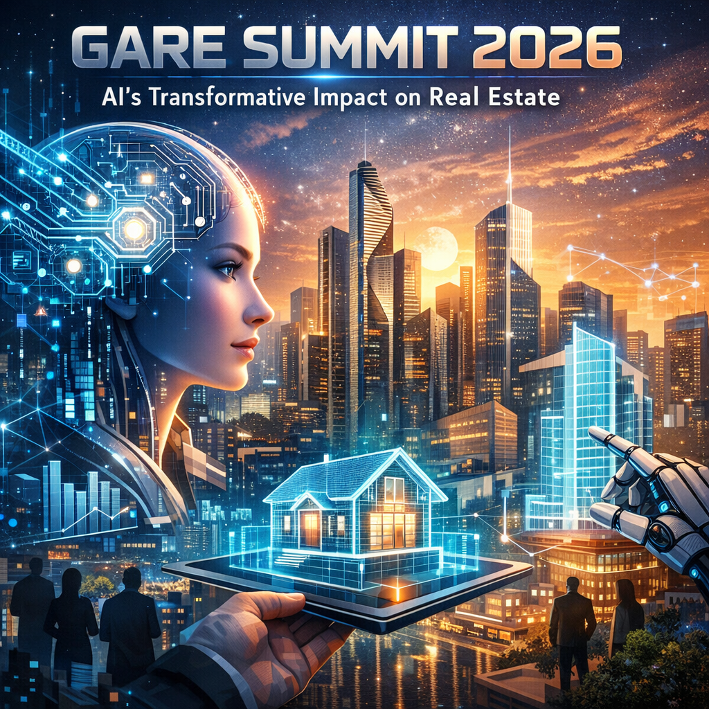 Futuristic cityscape with AI technology and digital homes illustrating the GARE Summit 2026 on real estate transformation.