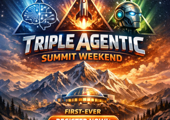 Graphic with futuristic icons and mountains promoting the Triple Agentic Summit Weekend.