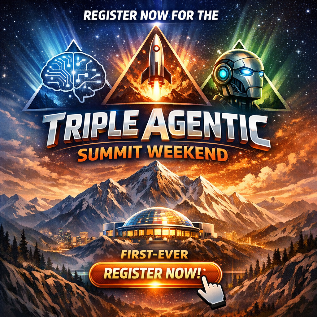 Graphic with futuristic icons and mountains promoting the Triple Agentic Summit Weekend.