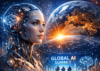 Futuristic AI humanoid and Earth with digital network at Global AI Summit.