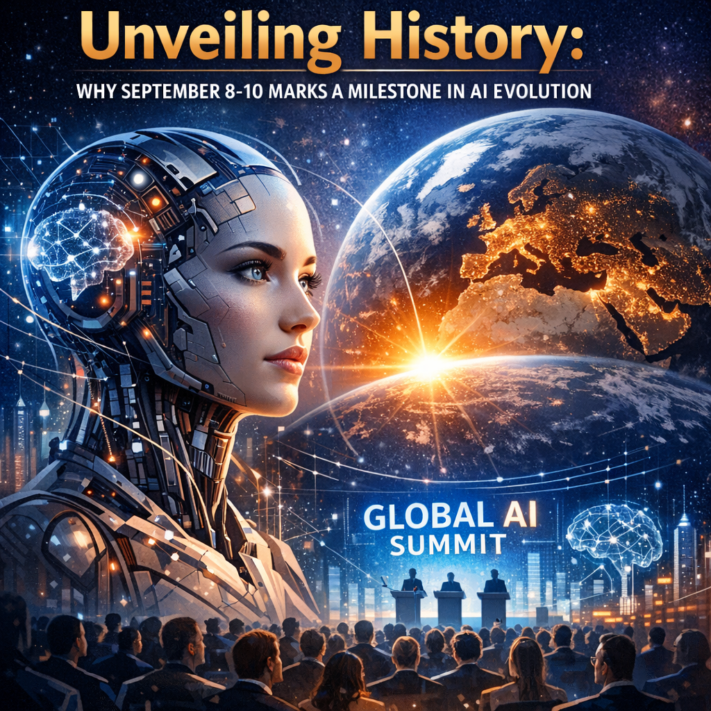 Futuristic AI humanoid and Earth with digital network at Global AI Summit.