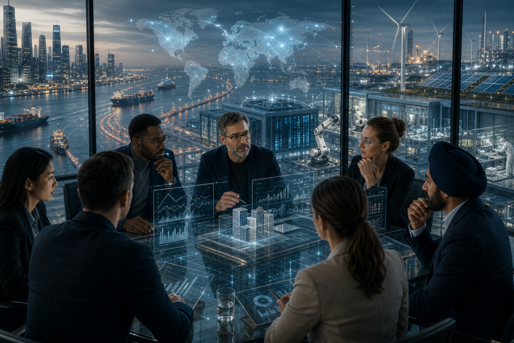 Business team reviewing holographic charts in a high-tech office overlooking a port, renewable energy facilities, and a global map