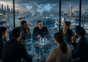 Business team reviewing holographic charts in a high-tech office overlooking a port, renewable energy facilities, and a global map