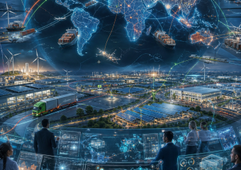 Futuristic operations center monitoring a global logistics network of ships, aircraft, trucks, renewable energy, and digital maps