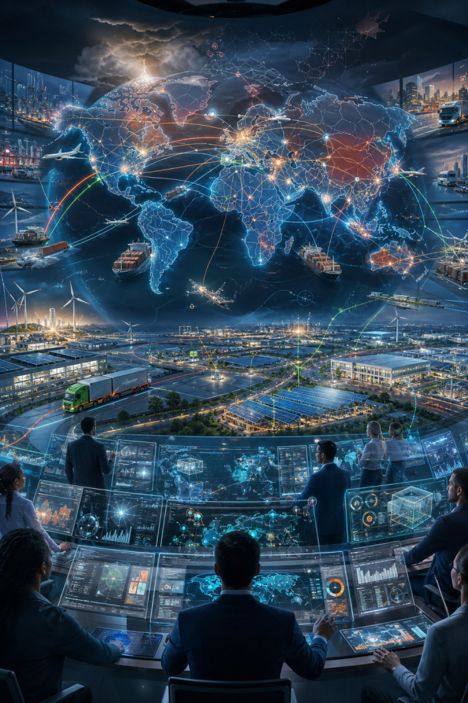 Futuristic operations center monitoring a global logistics network of ships, aircraft, trucks, renewable energy, and digital maps